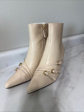 Cream Ankle Boots with Gold Buckle Straps